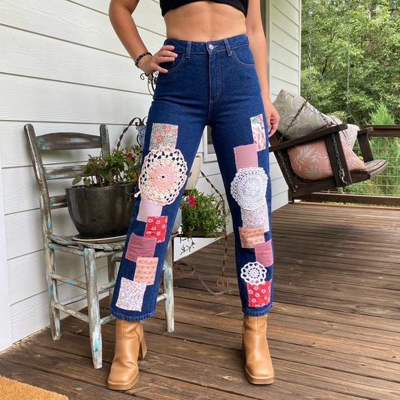 Pink patchwork high rise denim jeans - Picture 1 of 6